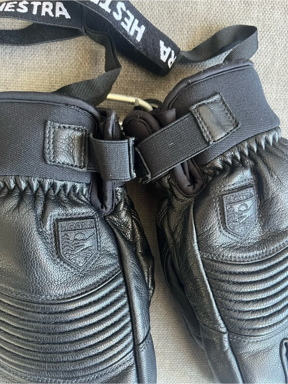 Hestra Black Leather Three-Finger Ski Mitts with Wrist Strap